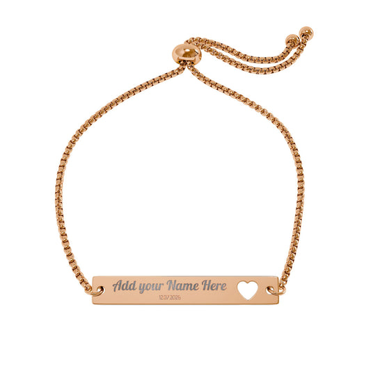 Personalized Heart Cutout Bar Bracelet — Adjustable Engraved Name Jewelry
