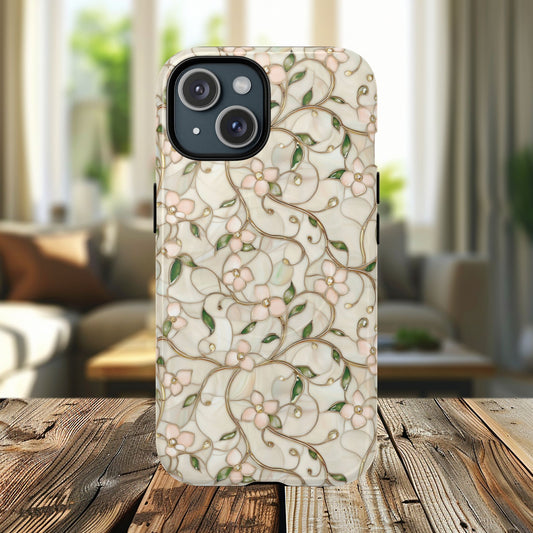 Pearl Petal Lace Tough iPhone Magnetic Case, Elegant iPhone Cover, Durable iPhone Accessory, Nature-Inspired Gift, Protective Cell Case, Stained Glass Pattern.
