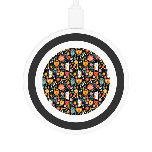 Whimsical Feline Garden Print Wireless Charging Pad - Eco-Friendly Tech Accessory