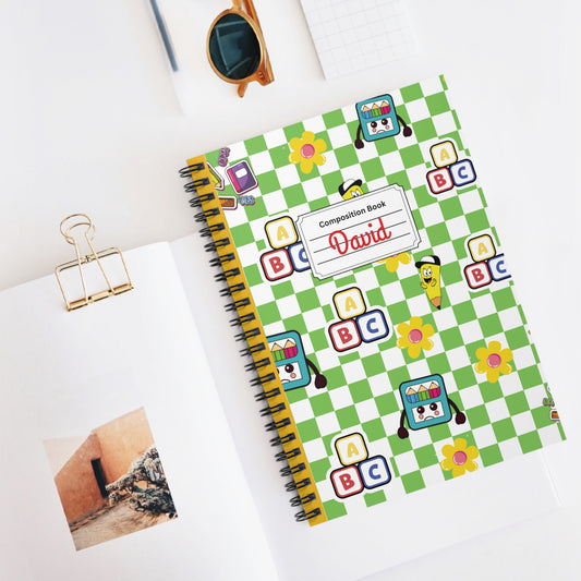 Personalized Green SchoolYard Chic Composition Book Inspired Playful Spiral Notebook - Perfect for School, Journaling, Kids, Teachers, Back to School Gifts