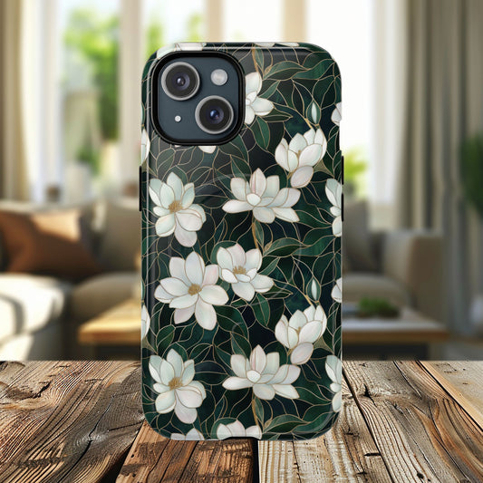 Midnight Magnolia Tough iPhone Magnetic Case, Stylish Stained Glass iPhone Protection, Nature Lover Gift, Spring Vibes