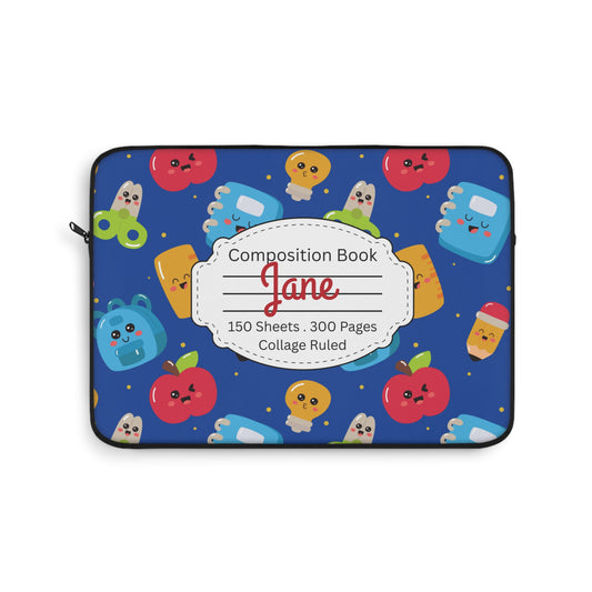 Personalized Blue Kawaii Composition Book Inspired Laptop Sleeve, Educational Gift for Teachers, Classroom Organization, Back to School, Unique Teacher Accessory