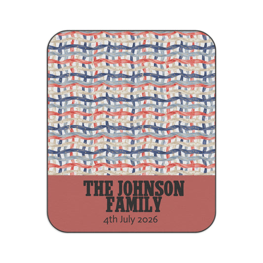 Personalized 4th of July Picnic Blanket — Americana Woven Flag Design, Custom Family Name & Date