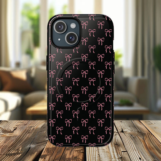 Coquette Chic Bow-Patterned Tough Magnetic iPhone Case, Stylish Gift for Her, Protective iPhone Cover, Trendy Accessory, iPhone Birthday Gift, Fashionable Tech