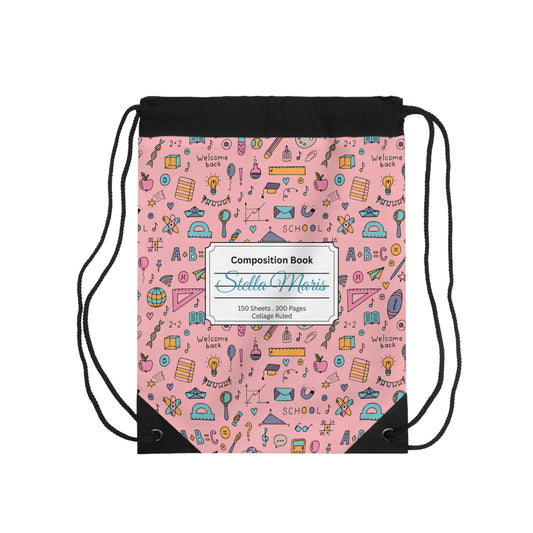 Custom Pink Chalkboard Chic Composition Book Inspired Colorful plsyful icons Drawstring Bag | Personalized College Ruled Tote | Kids School Gear | Fun Gym Sack | Back to School Accessory