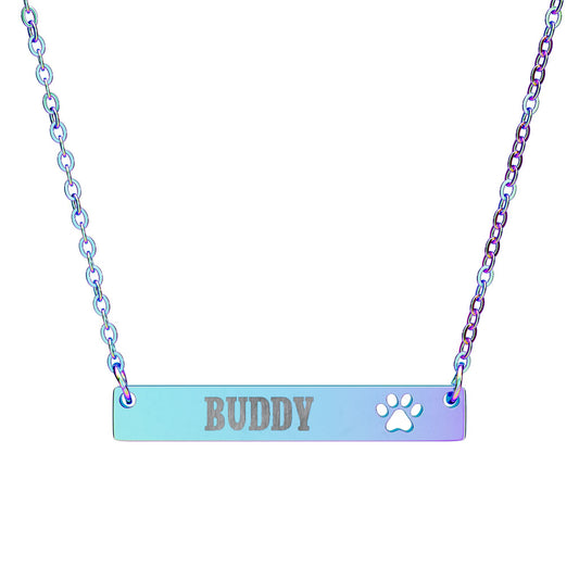 Personalized Paw Cutout Bar Necklace — Engraved Pet Name Jewelry