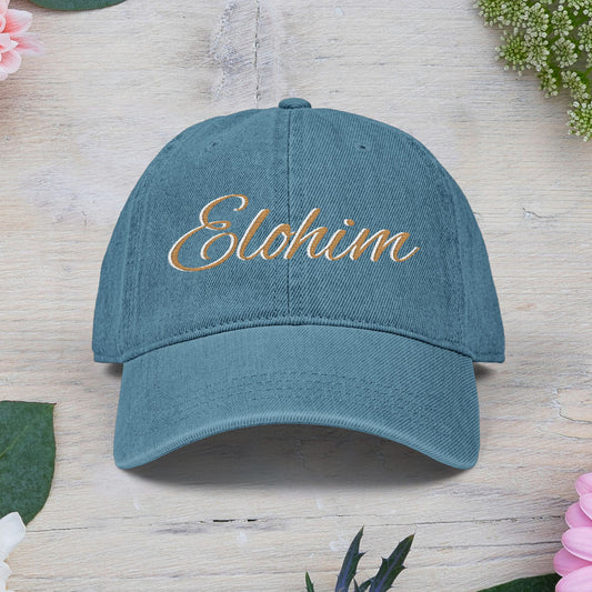 Denim 'ELOHIM, GENESIS 1:1' Hat (Embroidery), Stylish Casual Hat, Gift for Him/Her, Summer Accessory, Trendy Streetwear, Spiritual Fashion.