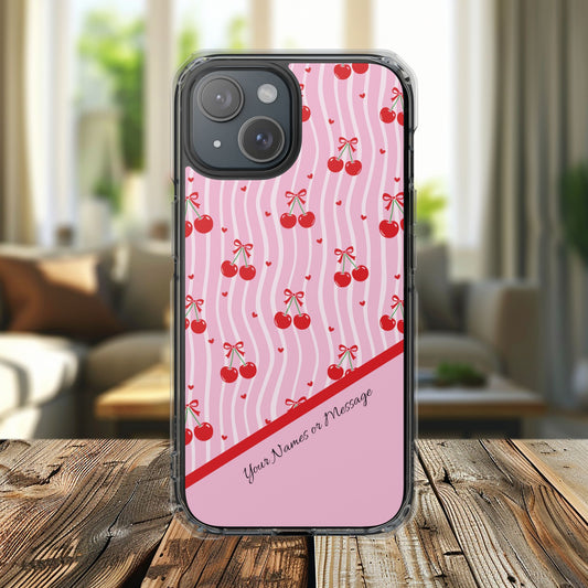 Personalized Cherry Blossom Dreams Clear Magnetic MagSafe iPhone® 13, 14, 15, 16, 17, X/XS, SE, XR, Mini, Pro, Pro Max, Plus Cases. — Customizable Name Accent