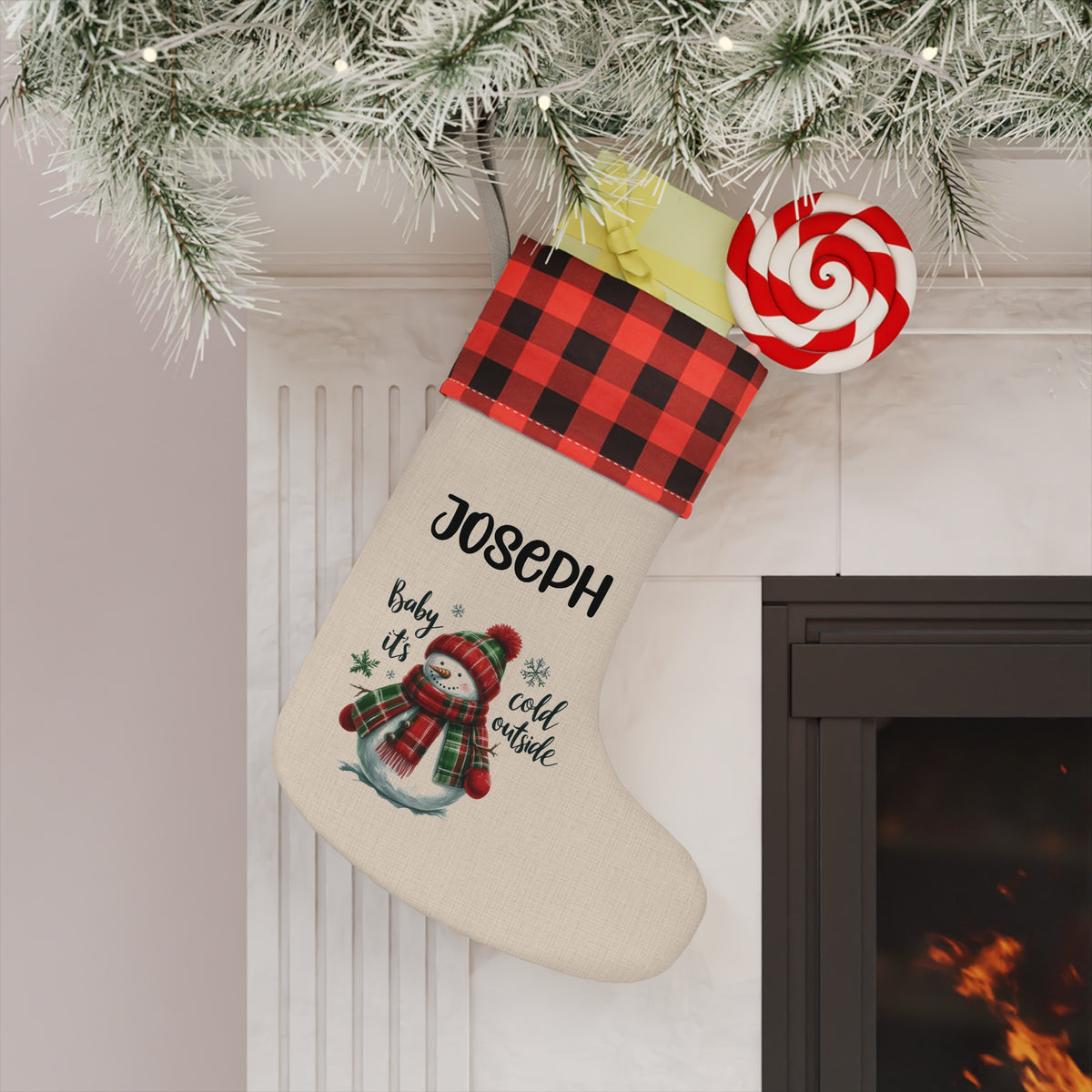 Personalized Christmas Stocking - Plaid Cuff Snowman "Baby It's Cold Outside"