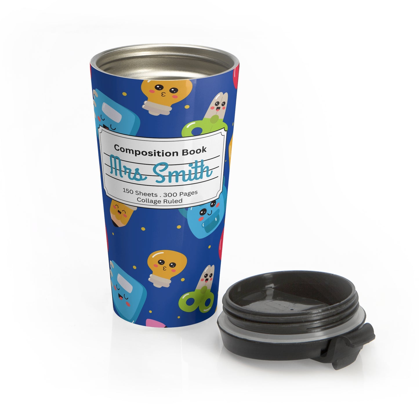 Customizable Blue Kawaii Composition Book Inspired Travel Mug, Personalized Gift for Teachers, Back to School Drinkware, Christmas Present, Stylish Coffee Cup