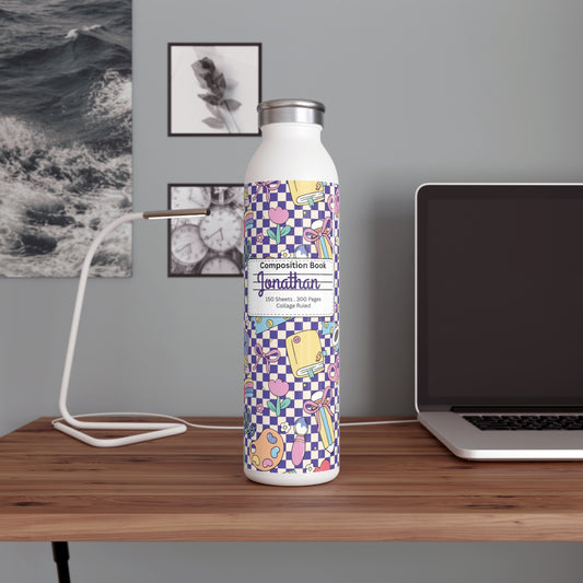 Personalized Composition Purple Doodle Daydream Book Inspired Slim Water Bottle, Customizable Drinkware, Eco-Friendly Hydration Bottle, Perfect for Gifts, School Supplies, Back to School