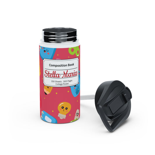 Personalized Kawaii Composition Book Inspired Stainless Steel Water Bottle for Kids, School Supplies, Eco-Friendly Drinkware, Back to School, Teacher Gifts