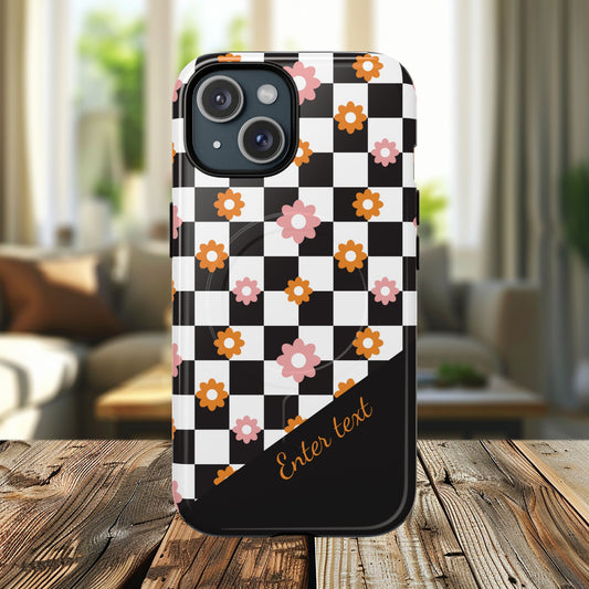 Groovy Checkered Bloom iPhone Case, Tough Magnetic Cases for Women, Stylish iPhone Cover, Trendy Floral Print, Gift for Her, Everyday Accessories