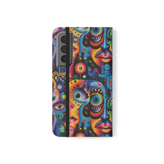 Psychedelic Visions Vibrant Art Flip iPhone and Samsung Phone Case - Colorful Faces Design for Phone Protection