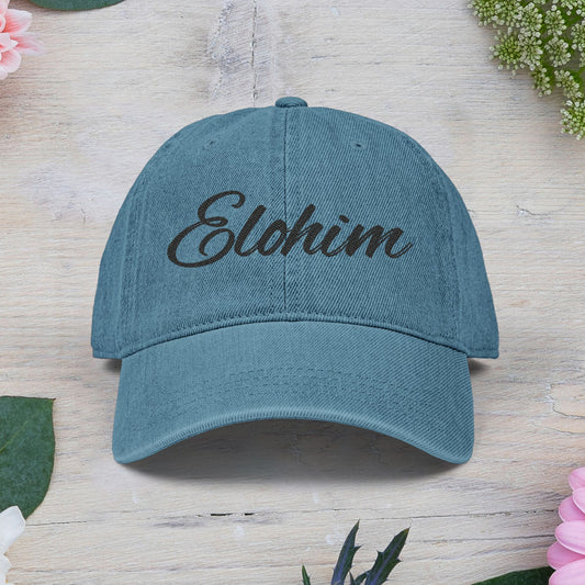 Denim 'ELOHIM, GENESIS 1:1' Hat (Embroidery), Stylish Casual Hat, Gift for Him/Her, Summer Accessory, Trendy Streetwear, Spiritual Fashion.