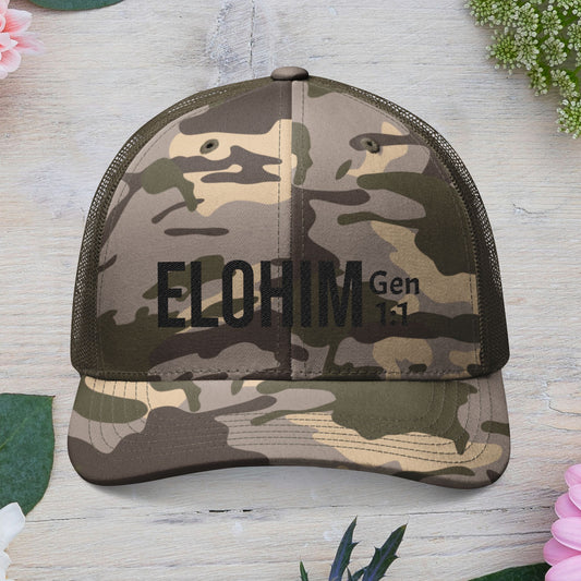 Black Camouflage Embroidered Trucker Hat with 'ELOHIM, GENESIS 1:1', Casual Style Hat, Adjustable, Unisex, Perfect Gift for Outdoors, Festivals, Daily Wear.