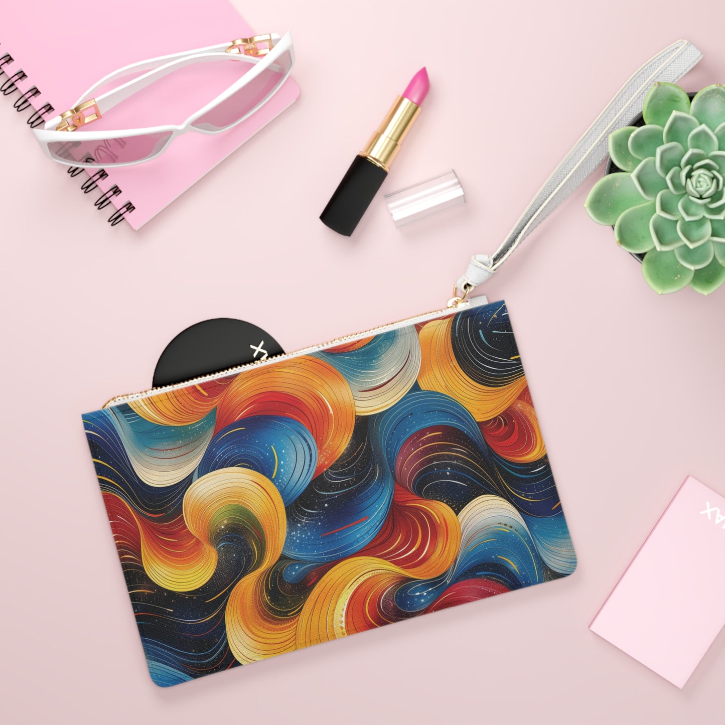 Cosmic Swirl Clutch Bag - Vegan Leather Saffiano Pattern Fashionista On-the-Go Zip Fastening Wrist Strap.