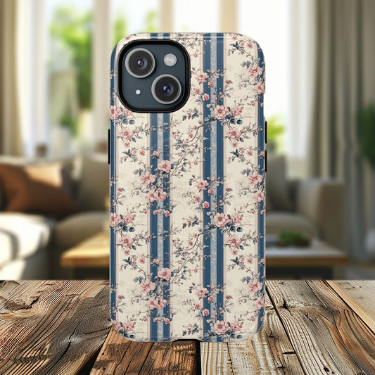 Victorian Rose Stripe iPhone Case, Tough Magnetic Cases for Stylish Protection, Flower Pattern iPhone Cover, Trendy Gift Idea for Her