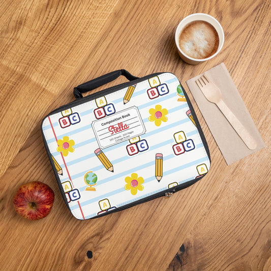 Personalized White SchoolYard Chic Composition Book Inspired Colorful Kids Lunch Bag for School, Snack Bag, Lunch Tote, Lunchbox, Kids' Bag with Fun Back to School Design