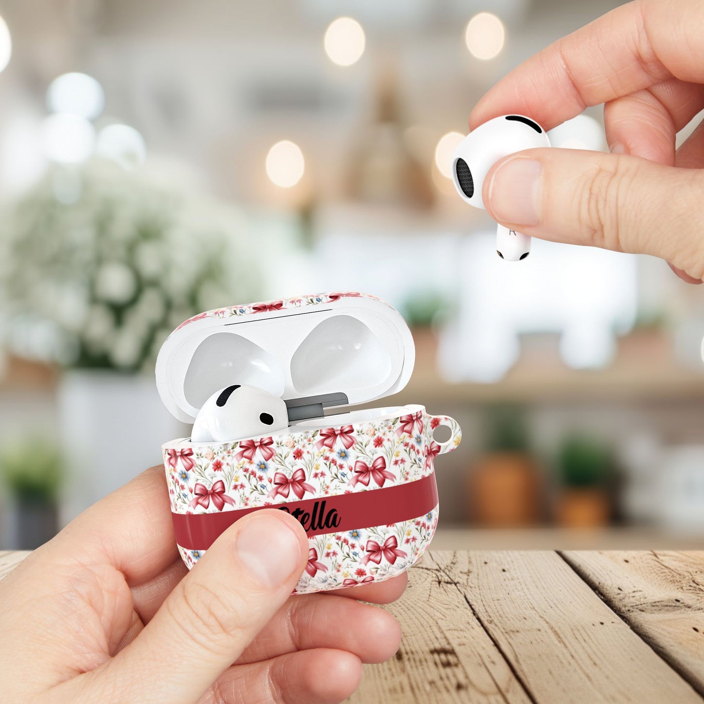 Personalized Rosette Coquette Floral AirPods Pro Gen 1, 2 and Airpods Gen 1, 2, 3, 4 Case — Red Bow Pattern with Custom Name Text.