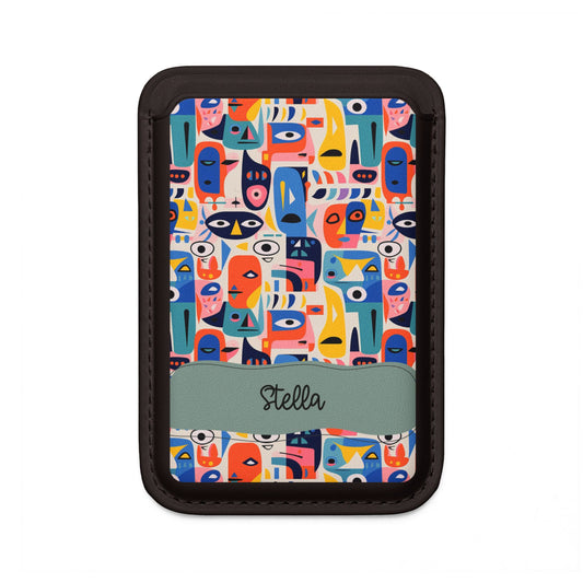 Personalized MagSafe Vegan Card Wallet — Colorful Abstract Faces with Name Plate Unique Tech Accessory