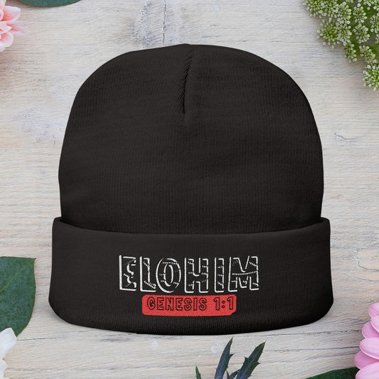 Stylish Knit Beanie with 'ELOHIM, Genesis 1:1' Embroidery, Winter Accessory, Religious Gift, Cozy Beanie Cap, Faith-Inspired Fashion