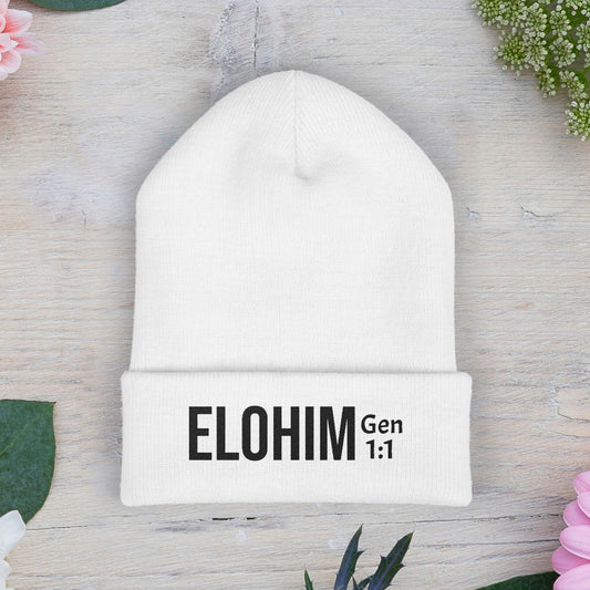 Embroidered 'ELOHIM, GENESIS 1:1' Classic Cuffed Beanie - Cozy Winter Hat, Streetwear Accessory, Personalized Gifts, Religious Apparel, Unisex Beanie