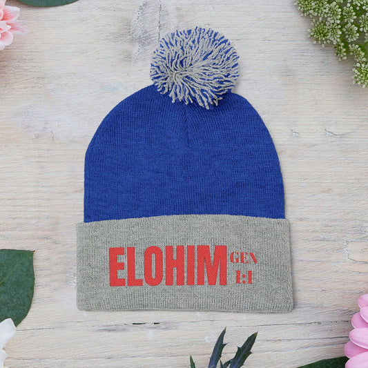 Red Pom-Pom Knit Cap with 'ELOHIM, GENESIS 1:1' Embroidery Beanie - Stylish Winter Accessory for All Ages, Perfect Gift for Birthdays, Holidays, and Outdoor Activities
