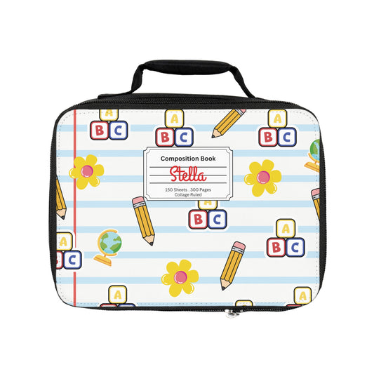 Personalized White SchoolYard Chic Composition Book Inspired Colorful Kids Lunch Bag for School, Snack Bag, Lunch Tote, Lunchbox, Kids' Bag with Fun Back to School Design