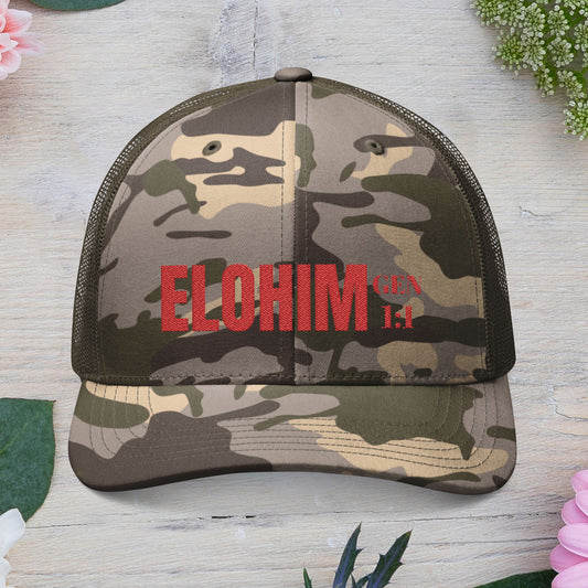 Red Camouflage Embroidered Trucker Hat with 'ELOHIM, GENESIS 1:1', Casual Style Hat, Adjustable, Unisex, Perfect Gift for Outdoors, Festivals, Daily Wear.