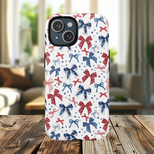Patriotic Coquette Tough iPhone Magnetic Case, Stylish Gift for Her, Summer Celebrations, Cute Bow Design