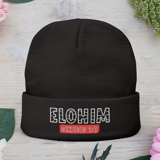 Stylish Knit Beanie with 'ELOHIM, Genesis 1:1' Embroidery, Winter Accessory, Religious Gift, Cozy Beanie Cap, Faith-Inspired Fashion