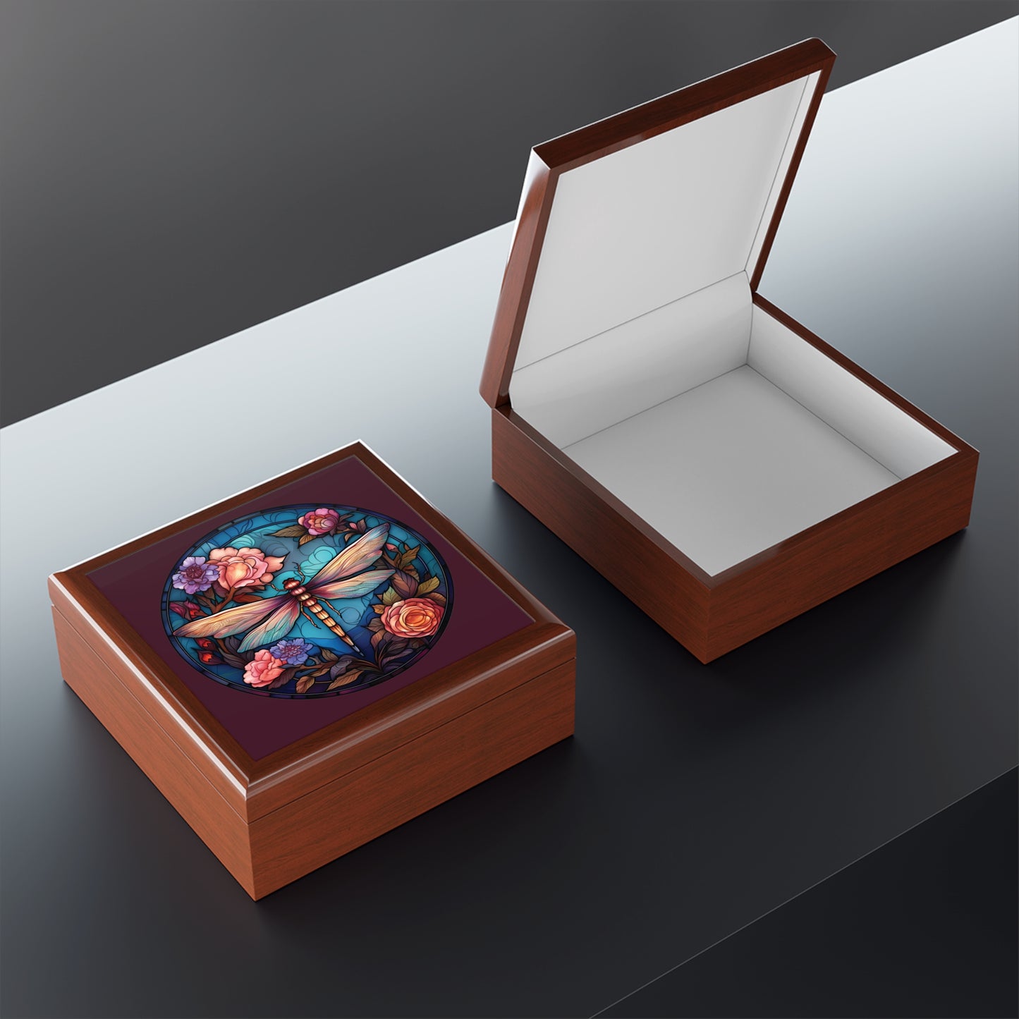 Dragonfly Floral Jewelry Box – Stained Glass Style Trinket Case