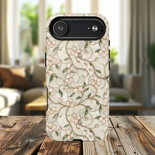Pearl Petal Lace Tough iPhone Magnetic Case, Elegant iPhone Cover, Durable iPhone Accessory, Nature-Inspired Gift, Protective Cell Case, Stained Glass Pattern.