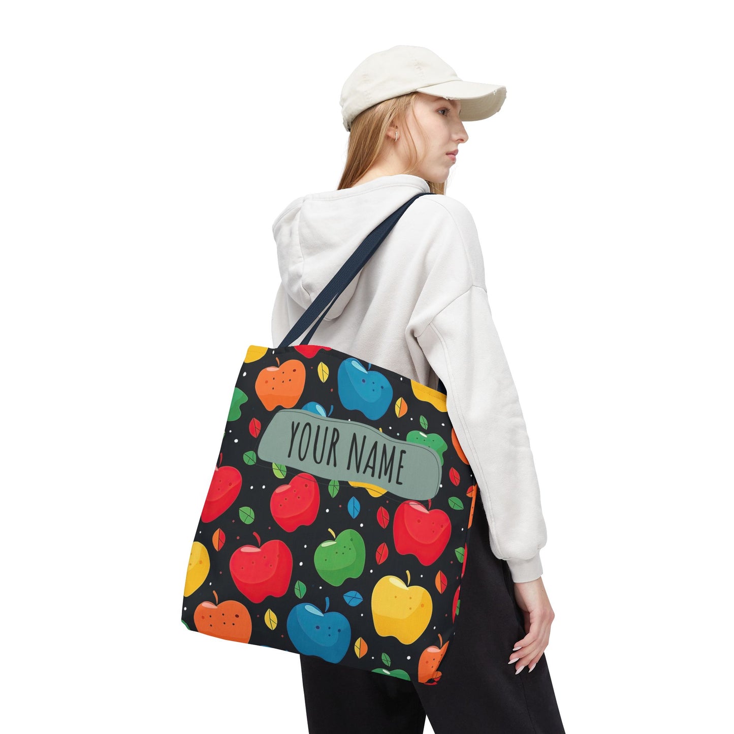 All-Over Apple Print Personalized Tote Bag — Durable Everyday Carry (3 Sizes, 5 Handle Colors)