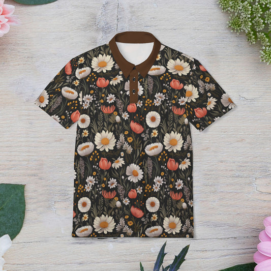 Blossom Elegance: Noir Garden Unisex Polo Shirt, Summer Fashion, Casual Wear, Seasonal Style, Unique Clothing Gift, Gift for Her and Gift for Him