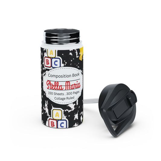 Personalized Black Composition Book Inspired Stainless Steel Water Bottle for Kids, School Supplies, Eco-Friendly Drinkware, Back to School, Teacher Gifts