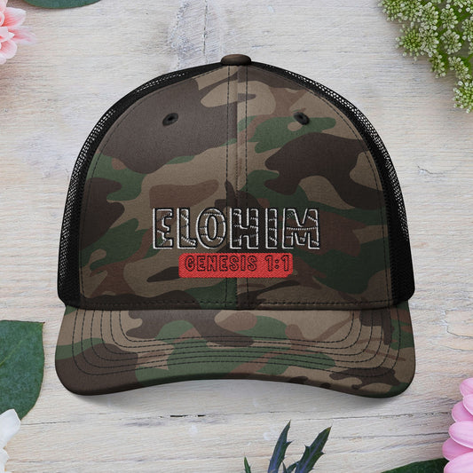 Camouflage Embroidered Trucker Hat with 'ELOHIM, GENESIS 1:1', Casual Style Hat, Adjustable, Unisex, Perfect Gift for Outdoors, Festivals, Daily Wear.