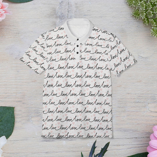 Stylish Love Print Polo Shirt, Unisex Casual Wear, Gift for Couples, Everyday Fashion, Romantic Occasion Apparel, Gift for Her and Gift for Him