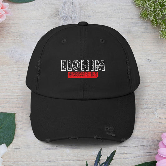 'ELOHIM, GENESIS 1:1- Distressed Cap – Unisex Faith-Inspired Hat for Everyday Wear, Bible Verse Cap, Gift for Religious Friends, Casual Accessories