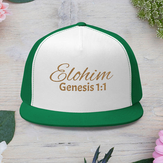 'ELOHIM, GENESIS 1:1' Embroidered 5 Panel Trucker Cap | Casual Style Hat, Adjustable, Unisex, Perfect Gift for Outdoors, Festivals, Daily Wear