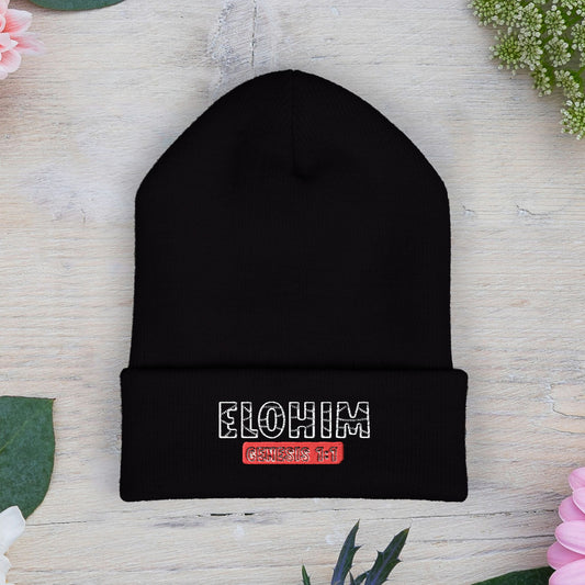 Embroidered 'ELOHIM, GENESIS 1:1' Classic Cuffed Beanie - Cozy Winter Hat, Streetwear Accessory, Personalized Gifts, Religious Apparel, Unisex Beanie