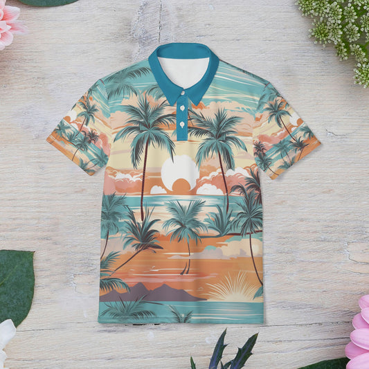 Sunset Paradise Polo Shirt, Vacation Wear, Beach Shirt, Summer Style, Gift for Him, Casual Fashion, Everyday Comfort