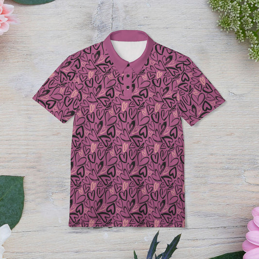 Heart Scribbles Polo Shirt, Unique Gift for Couples, Casual Wear, Valentine's Day Apparel, Stylish Summer Shirt, Love Themed Clothing