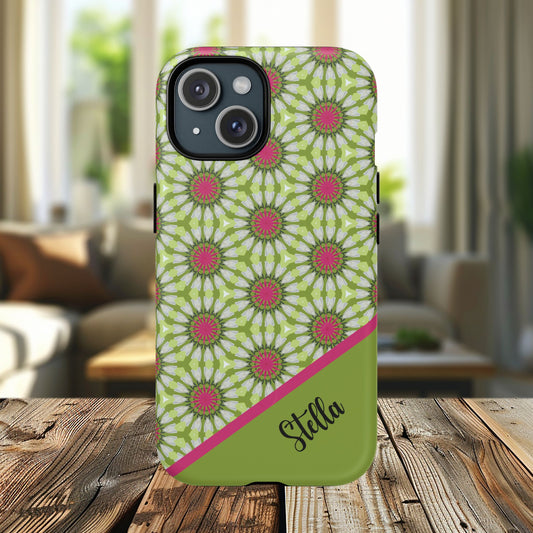 Personalized Meadow Mandala Bloom Vibrant Flower — Green & Pink Geometric Daisy Design
