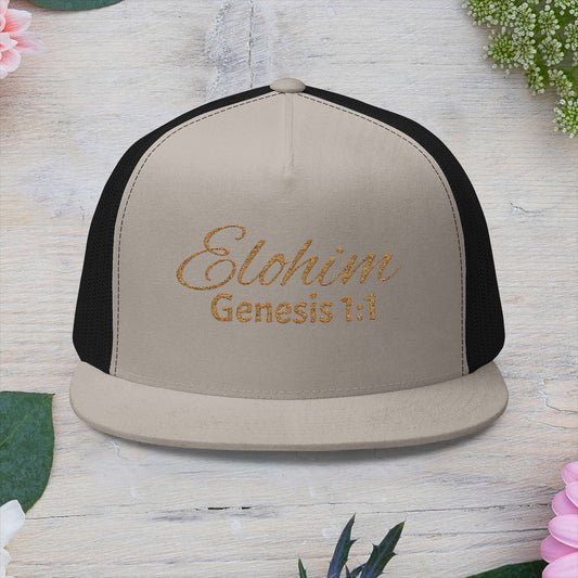 'ELOHIM, GENESIS 1:1' Embroidered 5 Panel Trucker Cap | Casual Style Hat, Adjustable, Unisex, Perfect Gift for Outdoors, Festivals, Daily Wear