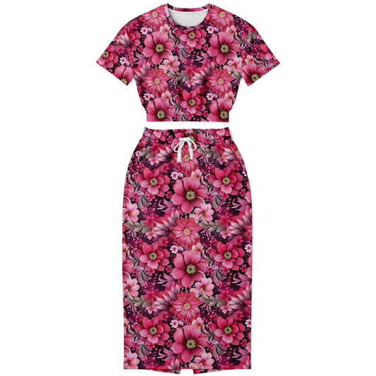 Peony Dreams Athletic Cropped Short Sleeve Sweatshirt and Long Pocket Skirt Set – AOP