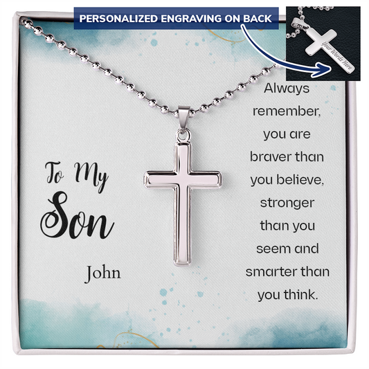 To My Son Personalized Cross Engraved Stainless Steel Cross Necklace- A Gift for Son.