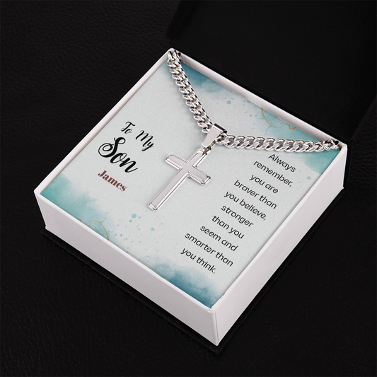 Personalized To My Son Cuban Link Chain with Engraved Artisan Cross- A Gift for Father/Son