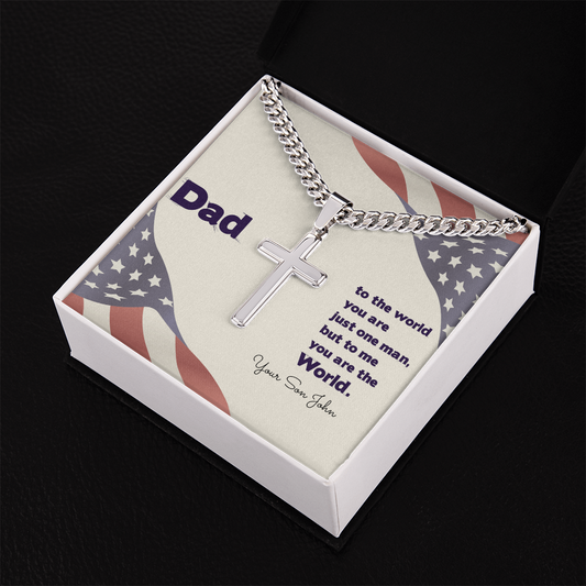 Personalized DAD Cuban Chain with Engraved Cross Necklace- a Gift for Fathers/Sons.